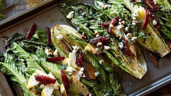 balsamic glazed grilled romaine hearts with medjool dates