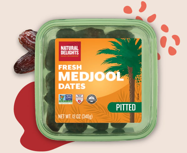 Natural Delights Medjool Dates - Medjool de dátiles enteros grandes y  regordetes, verificado sin OMG, buena fuente de fibra, aperitivo de frutas